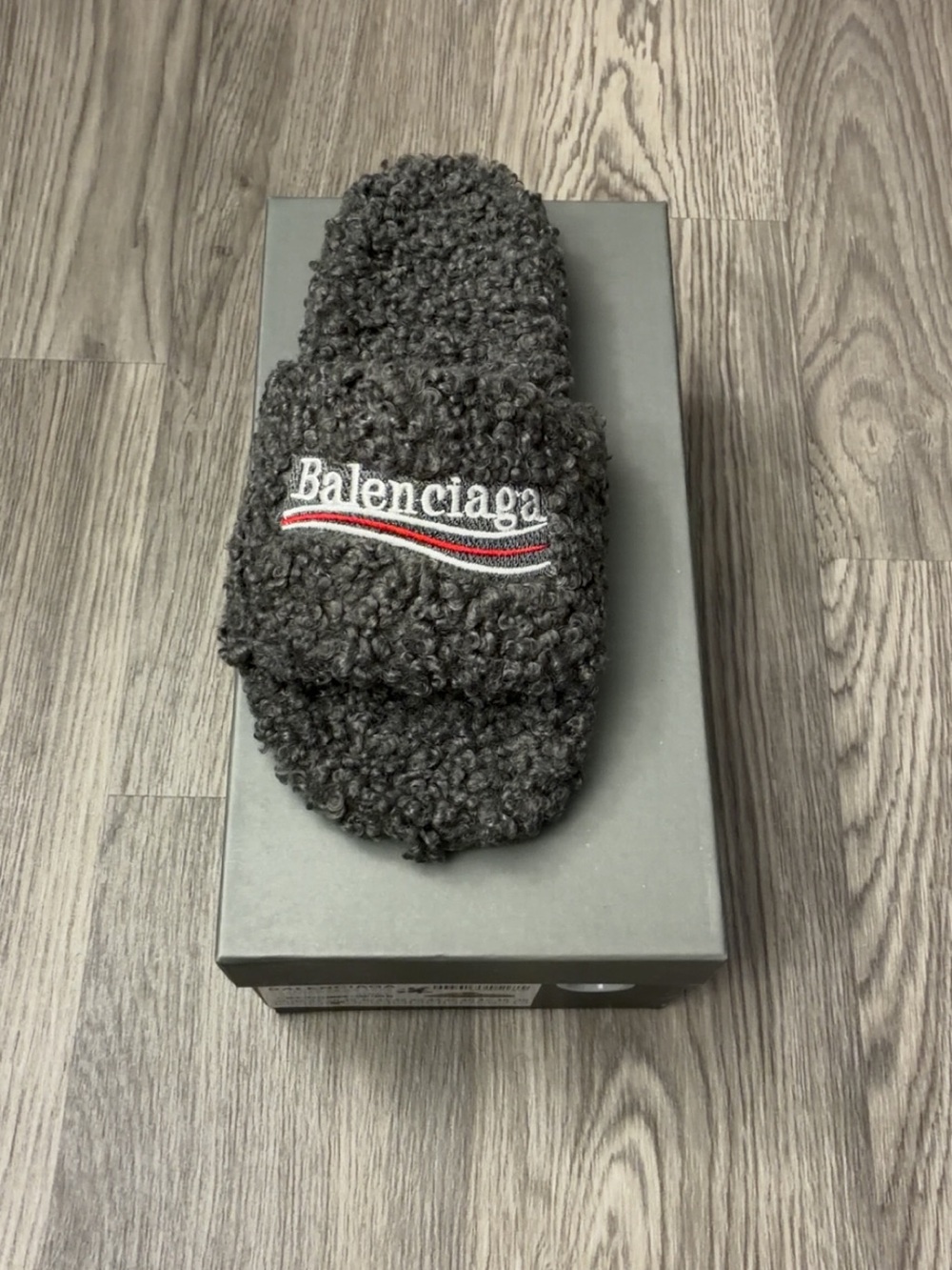 Balenciaga Black Curly Shearling Slide with Embroidered Logo